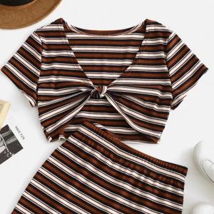 Stripes Tie Front Ribbed Top